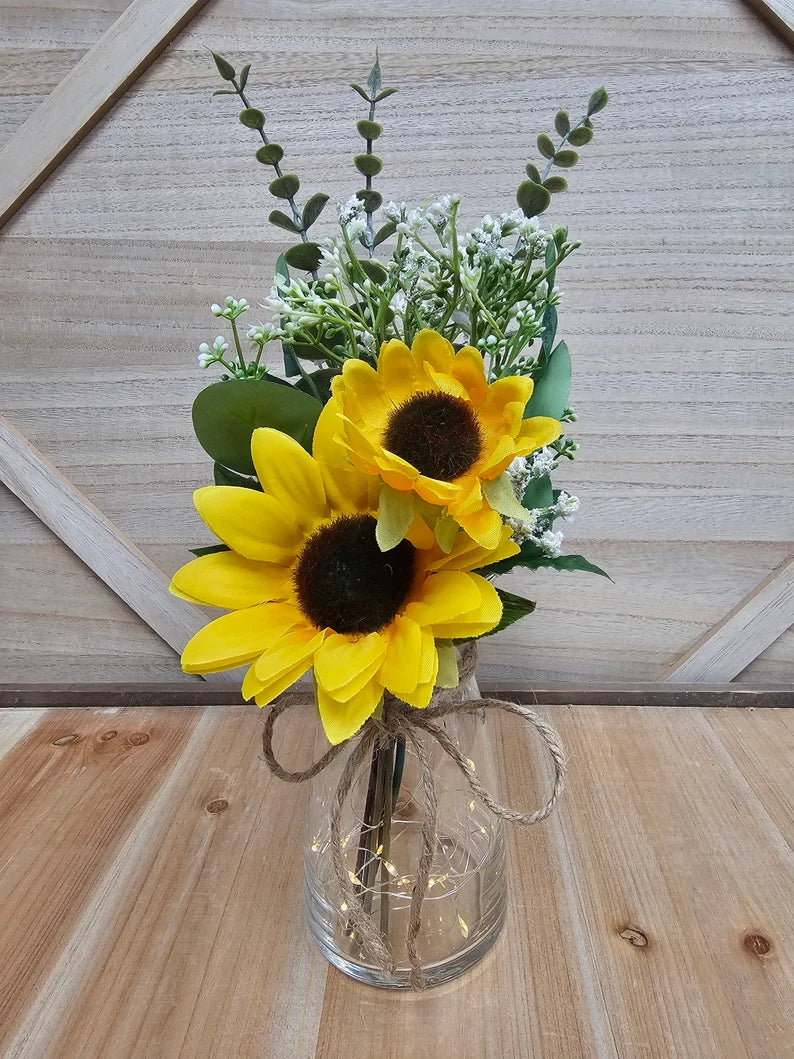 Sunflower and Babies Breath Lighted Bud Vase, Wedding Centerpiece, Event Centerpiece, Wedding Decor, Farmhouse Wedding, Shower Decorations