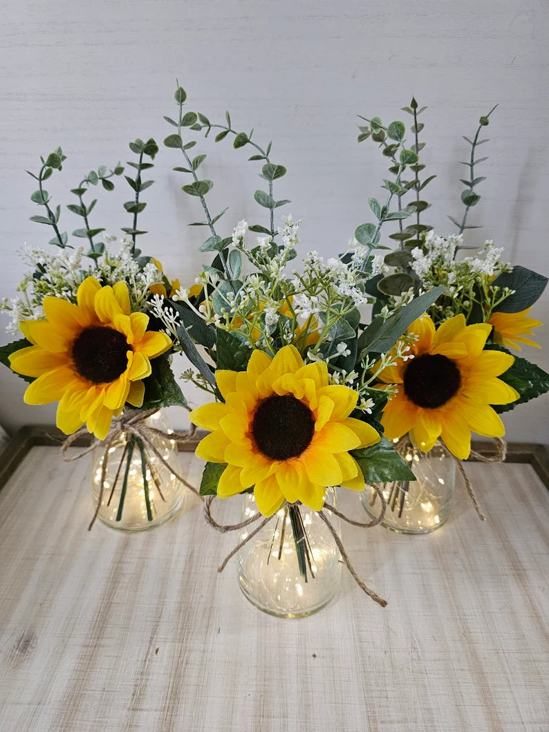 Sunflower and Babies Breath Lighted Bud Vase, Wedding Centerpiece, Event Centerpiece, Wedding Decor, Farmhouse Wedding, Shower Decorations