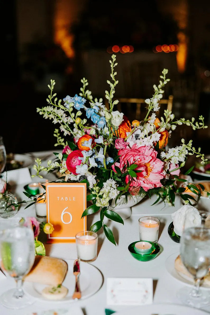 wedding table numbers, floral wedding table decor, colorful wedding table numbers, pink table numbers, colored table numbers
